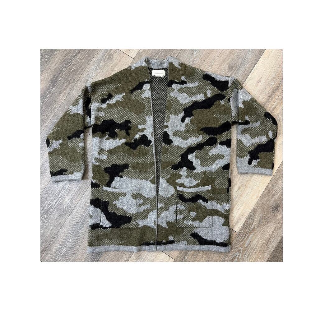Anthropologie Camo Cardigan Sweater Womens XS Open Front Chunky Knit Army Green
